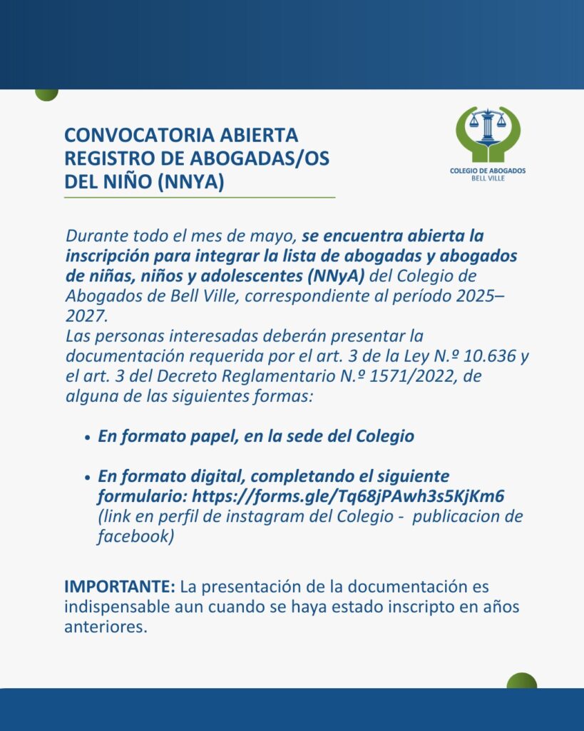 Convocatoria Abierta - Registro de Abogadas/os del niño(NNYA)